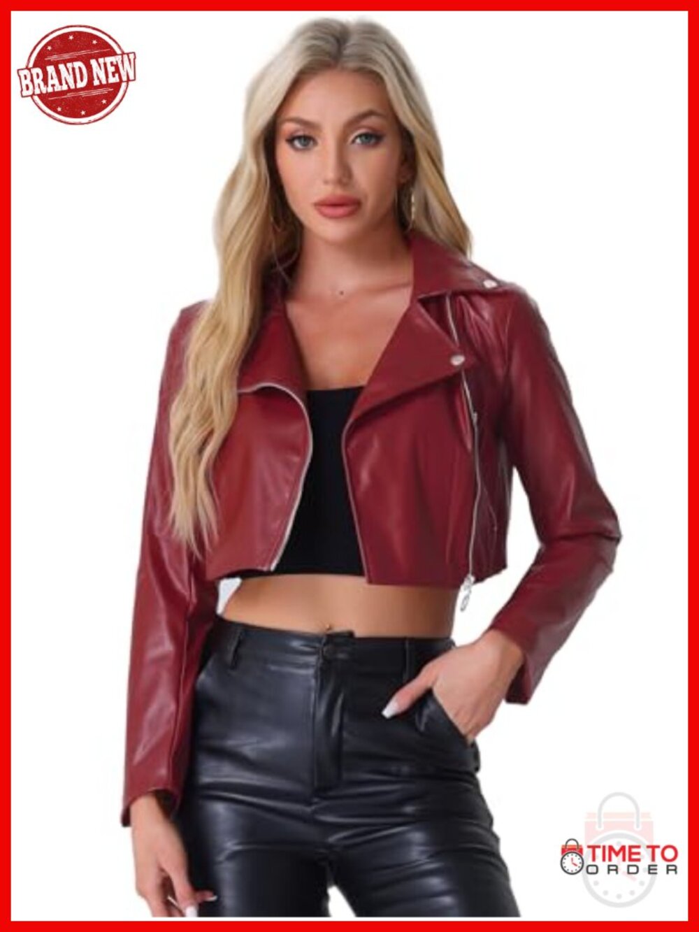 Faux Leather Long Sleeve Zipper Up Moto Cropped Jacket
